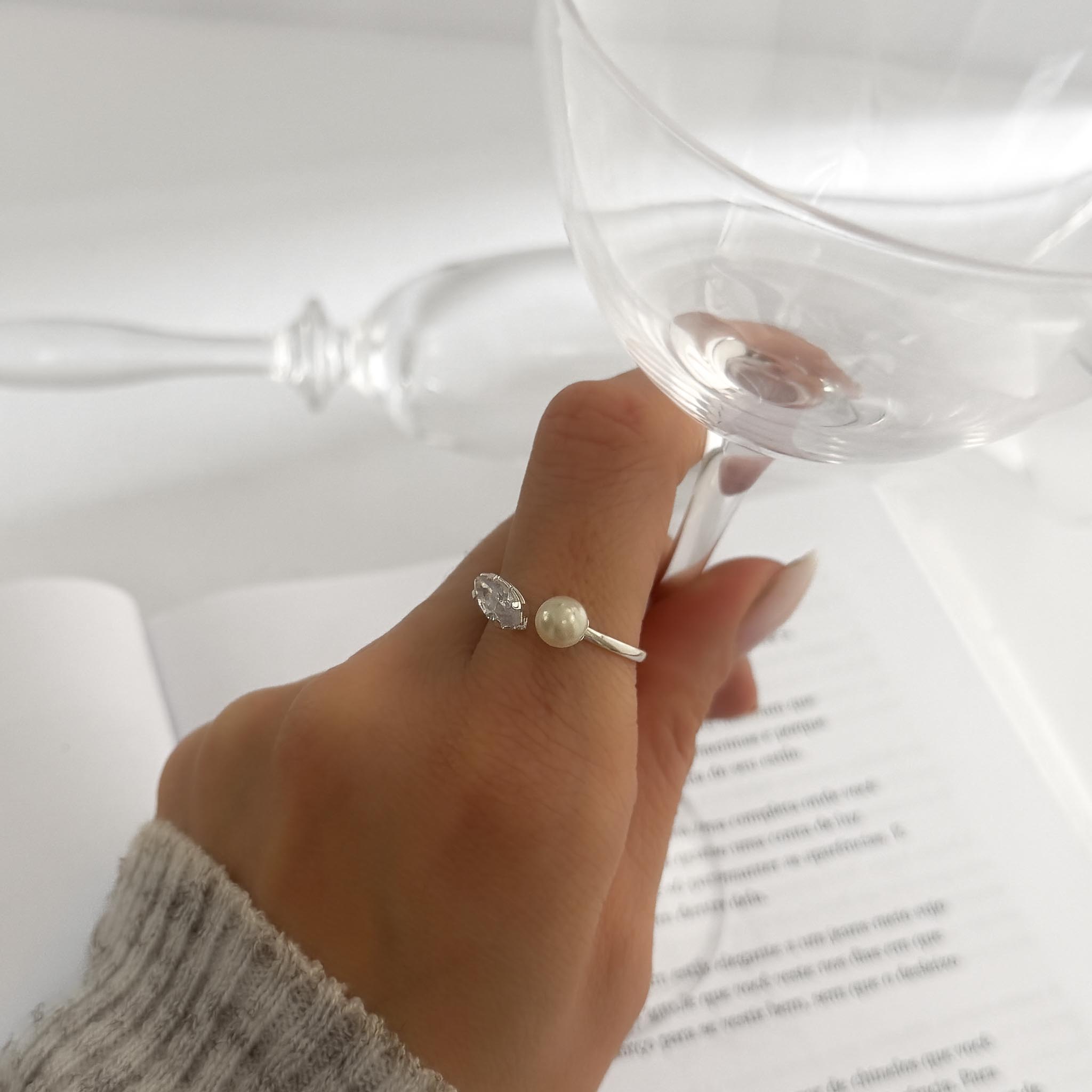 Anel Regulável - Navete Zircônia e Pérola