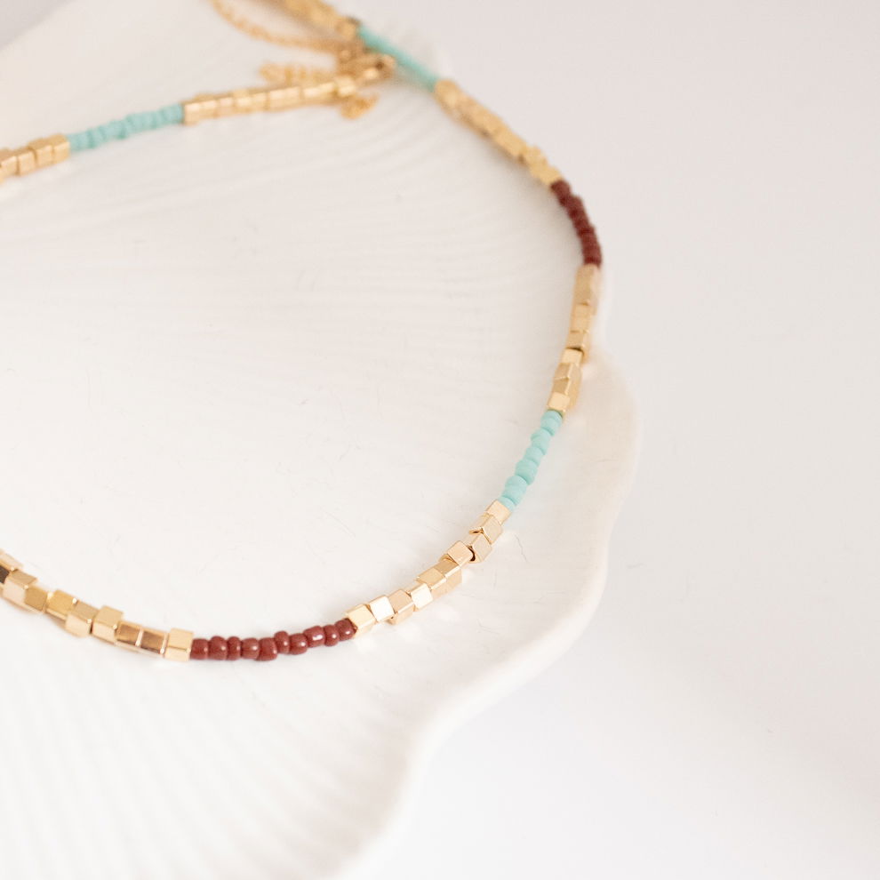 Colar Curto - Quadradinhos Café e Turquesa