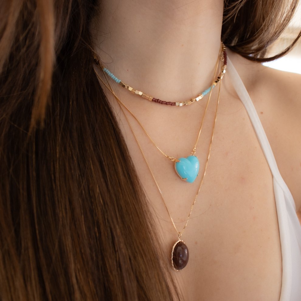 Colar Curto - Quadradinhos Café e Turquesa