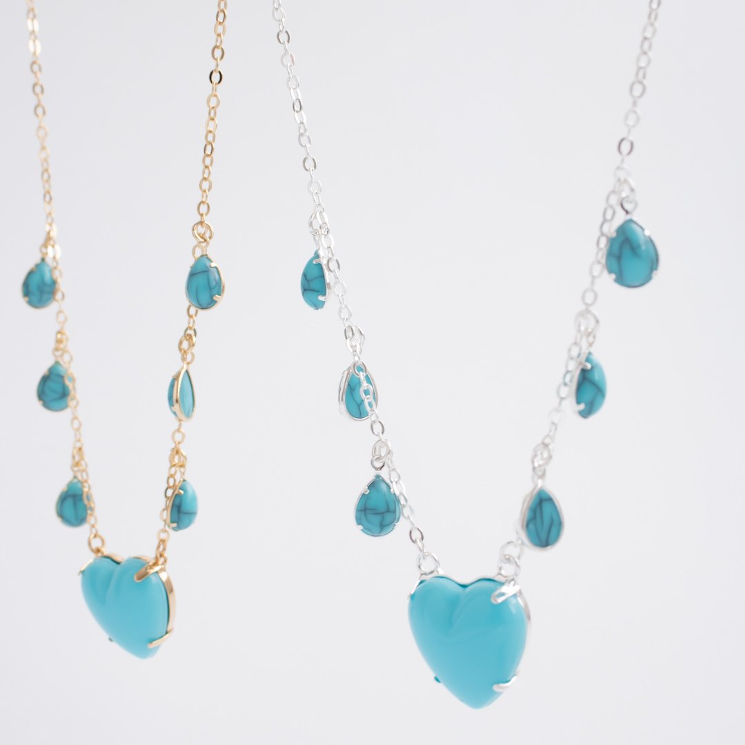 Colar Curto - Coração & Gotinha Turquesa