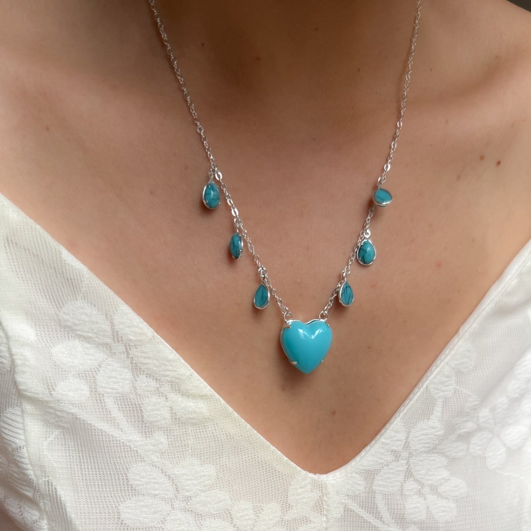 Colar Curto - Coração & Gotinha Turquesa