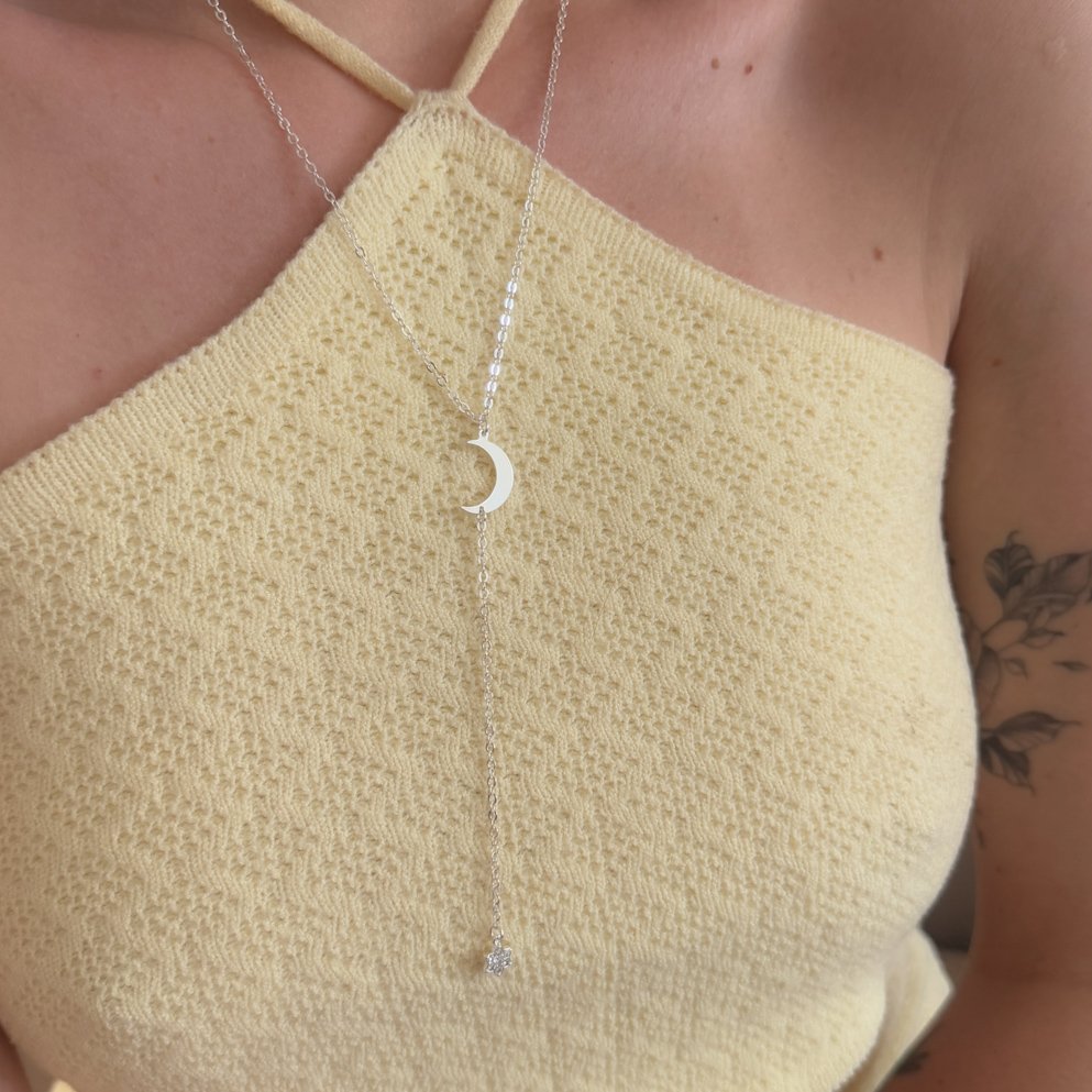 Colar Gravatinha - Lua e Estrela Microzircônia