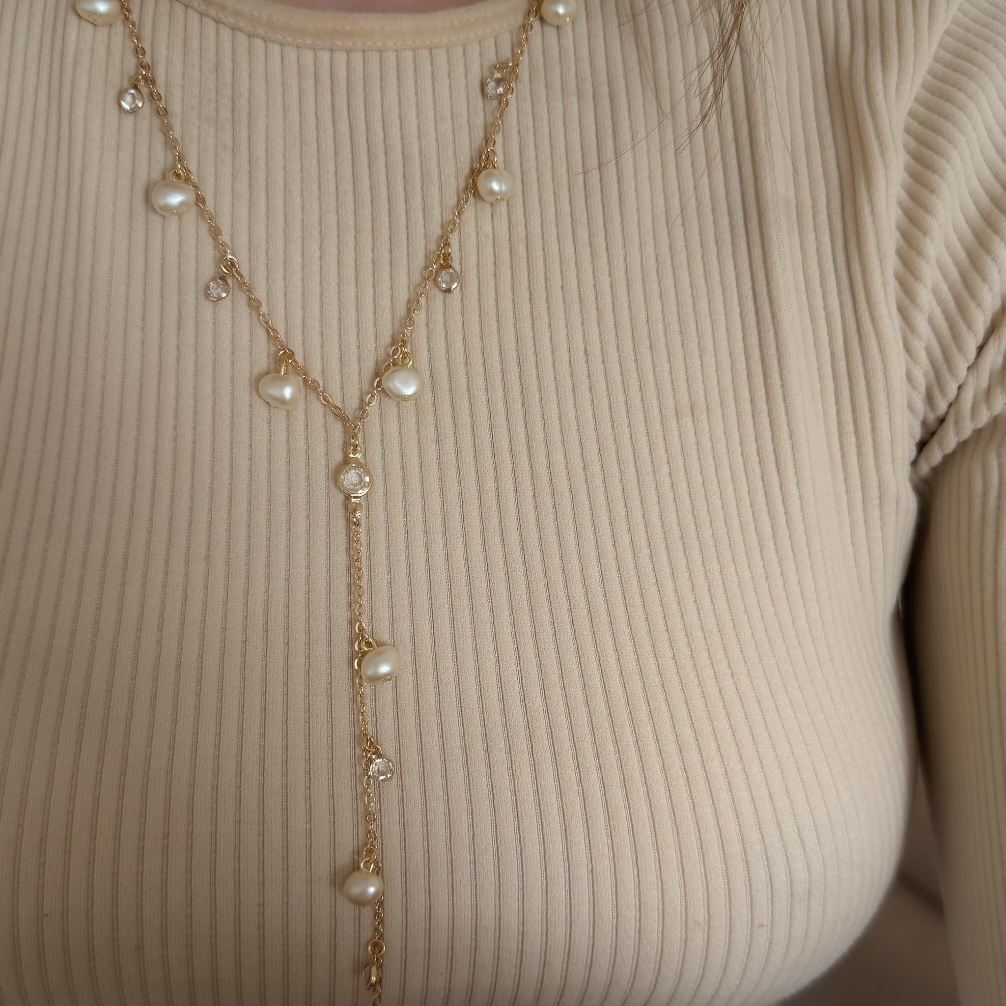 Colar Gravatinha - Pérolas Barrocas e Cristais