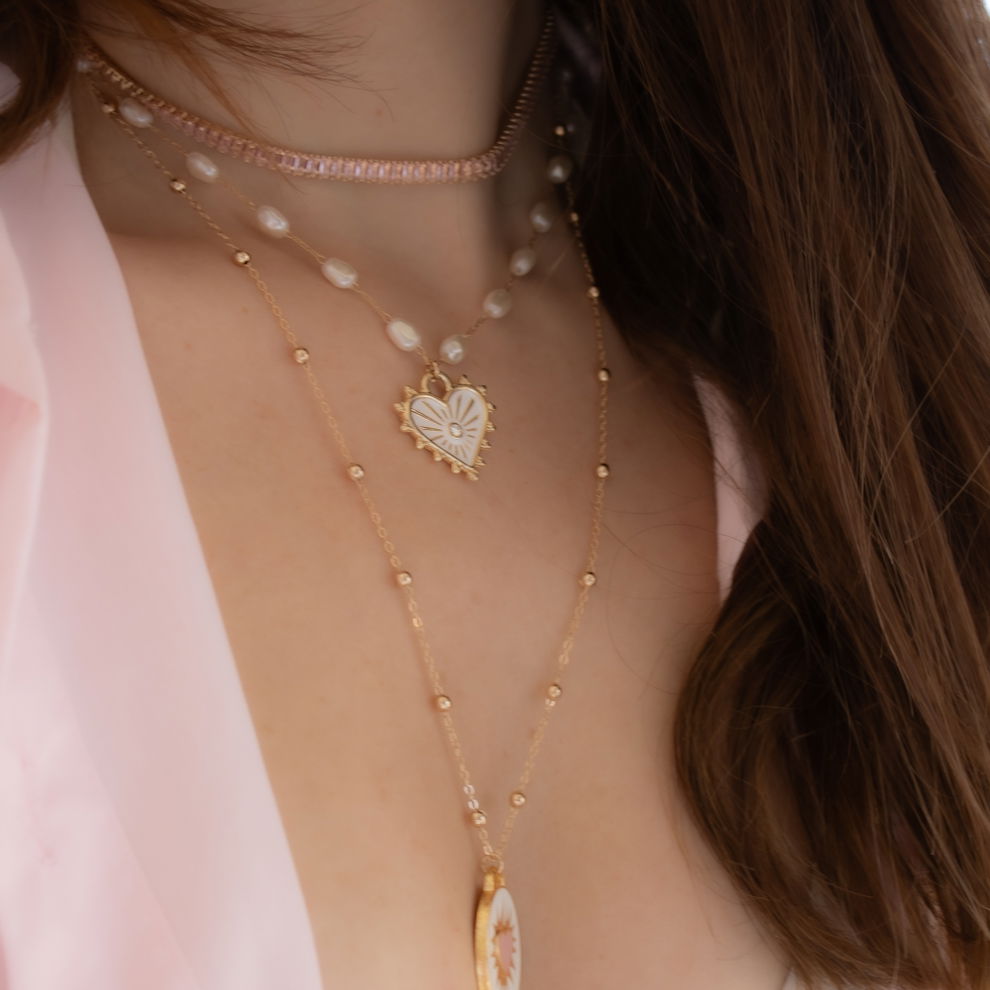 Colar Médio - Coração Esmaltado Branco