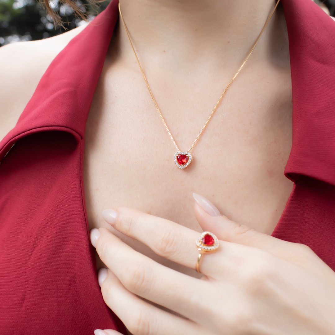 Kit 3 Peças - Colar, Brinco e Anel Coração Festas