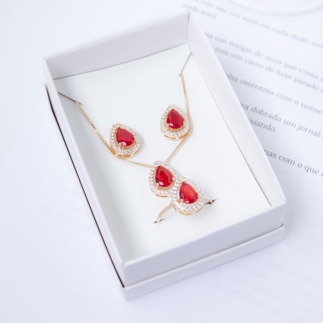 Kit 3 Peças - Colar, Brinco e Anel Gota Festas