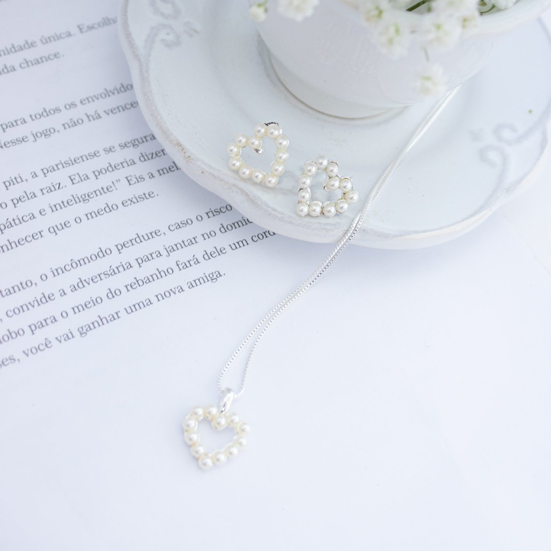 Kit Colar e Brinco - Coração Pérola