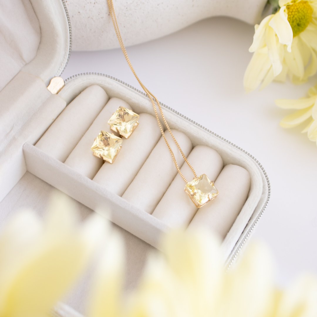 Kit Colar e Brinco - Quadrado 10mm Citrino