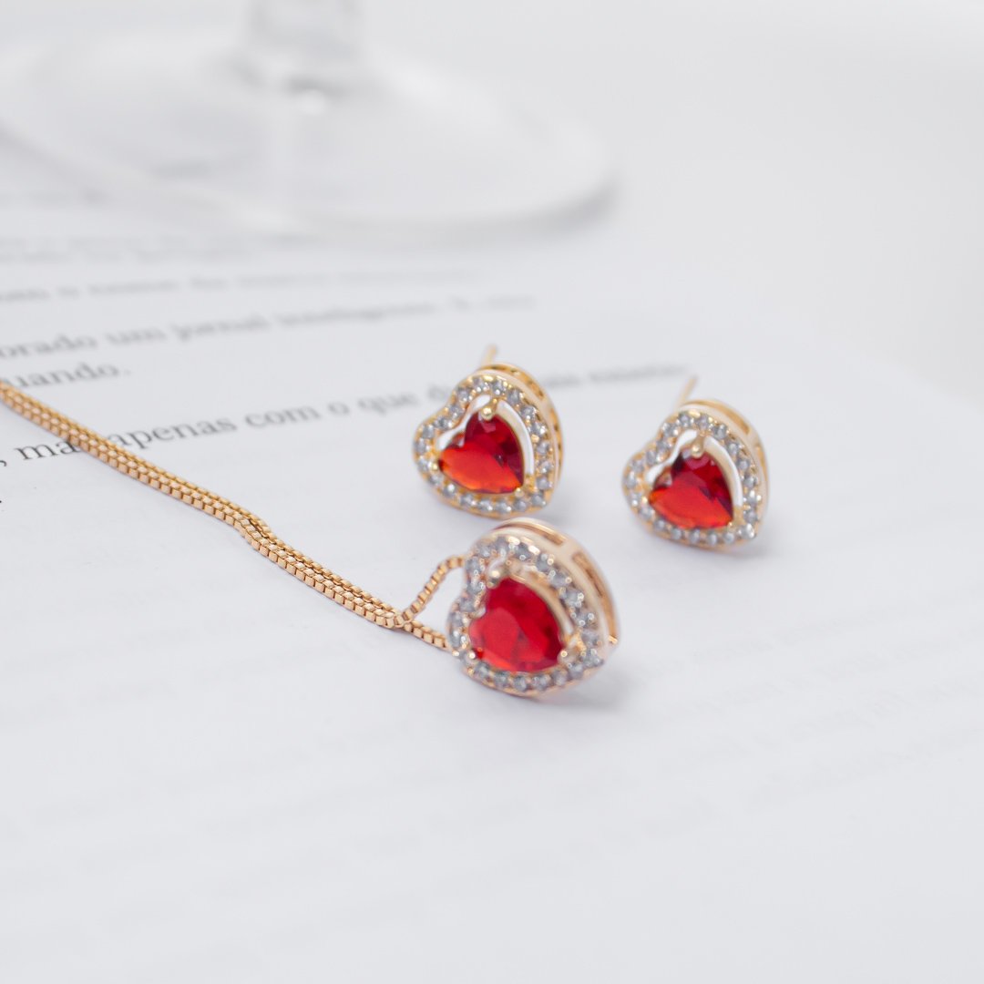 Kit Colar e Brinco - Coração 6mm Microzircônia