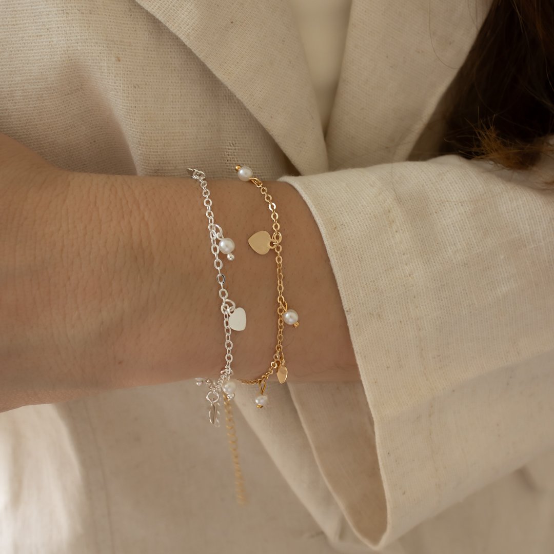 Pulseira Fecho Regular - Corações e Pérolas